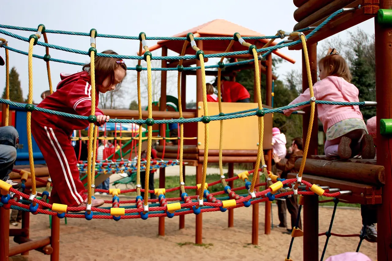 Children playing on a rope bridge.