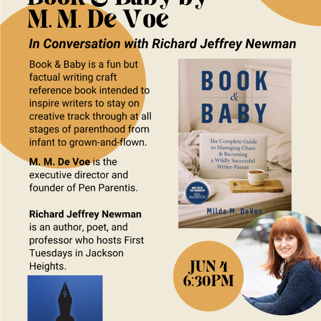M. M. De Voe and Richard Jeffery Newman on June 4 2026 at 6:30pm at The World's Borough Bookstore in Jackson Heights, Queens - with  Cover image of Book & Babying author photo