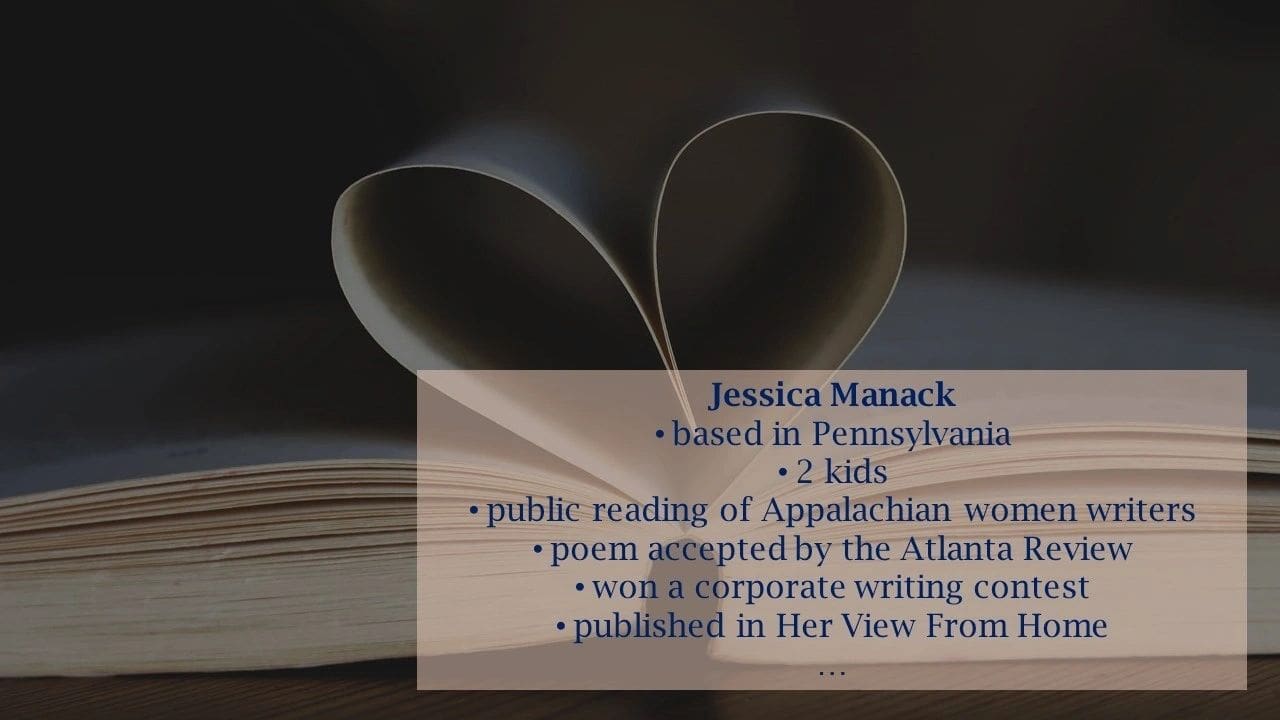 A close up of an open book with the words " jessica manack " written on it.